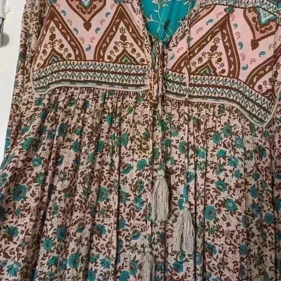 Vintage Flowy Bohemian Summer Kaftan Caftan Maxi Dress Tassels Size S/M - Picture 6 of 7